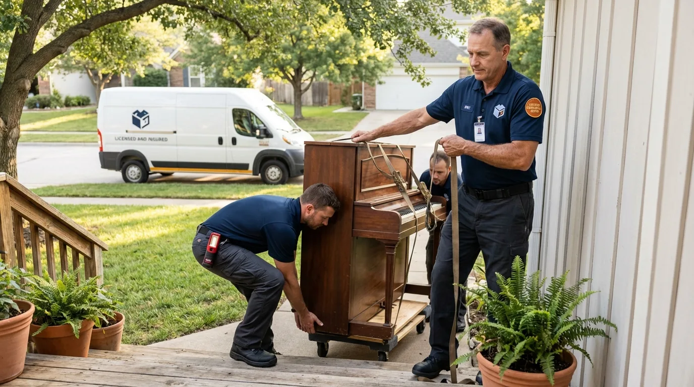 Licensed piano movers securing grand piano in Hot Springs National Park, AR