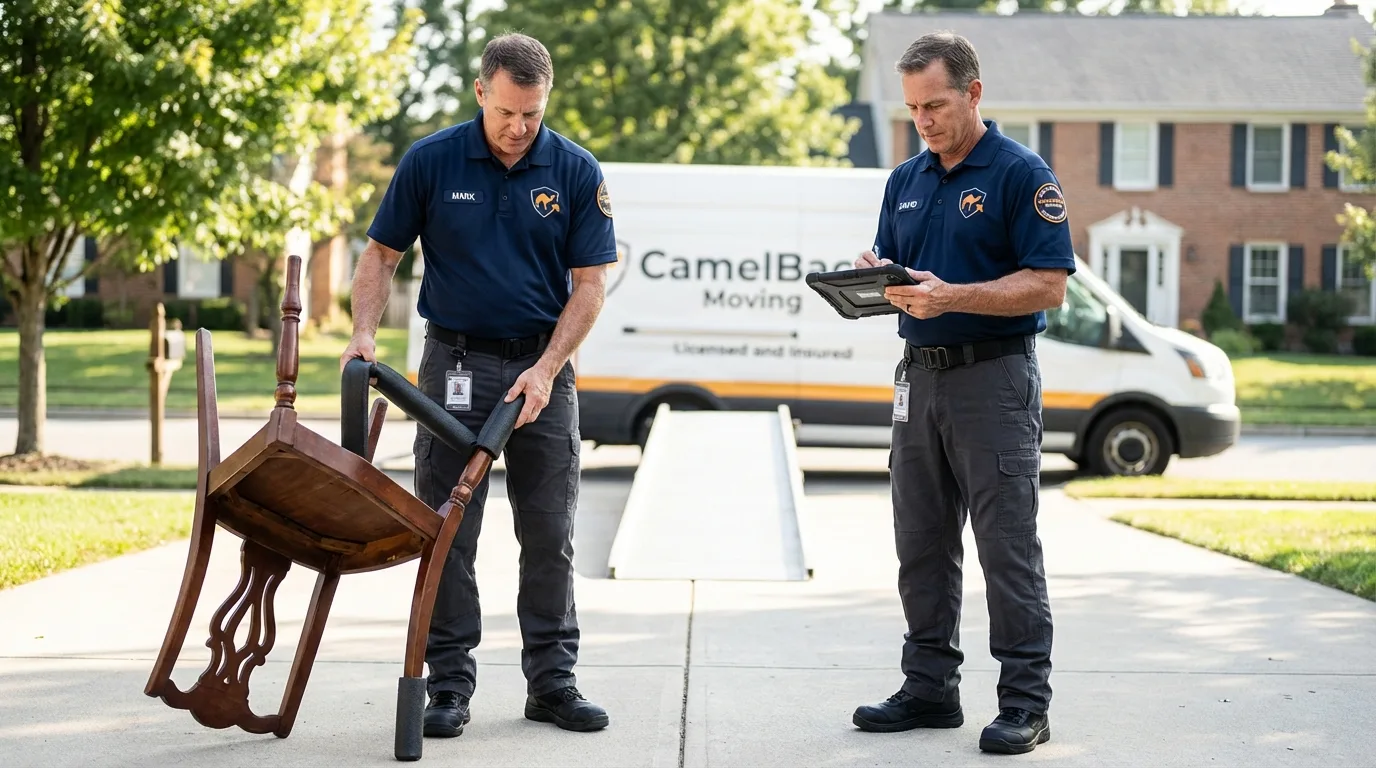 Movers inspecting furniture for damage prevention before loading in Hot Springs National Park, AR