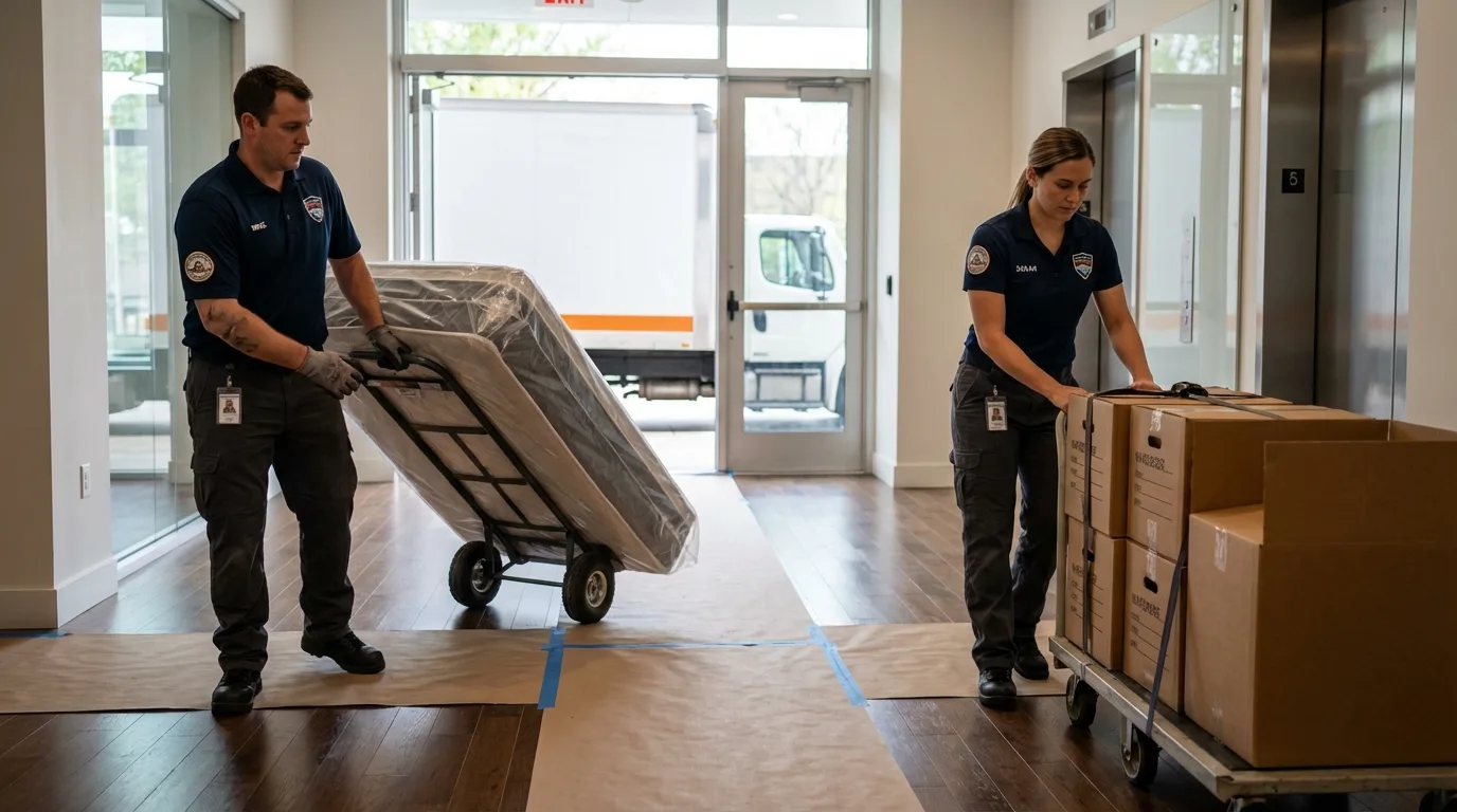 Professional apartment movers loading elevator in Hot Springs National Park, AR