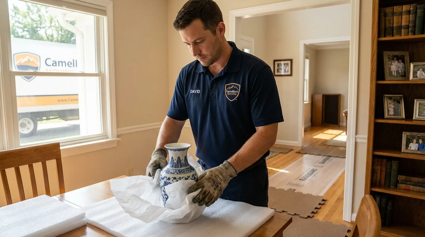 Professional crew carefully wrapping antique vase for senior downsizing move in Hot Springs National Park, AR