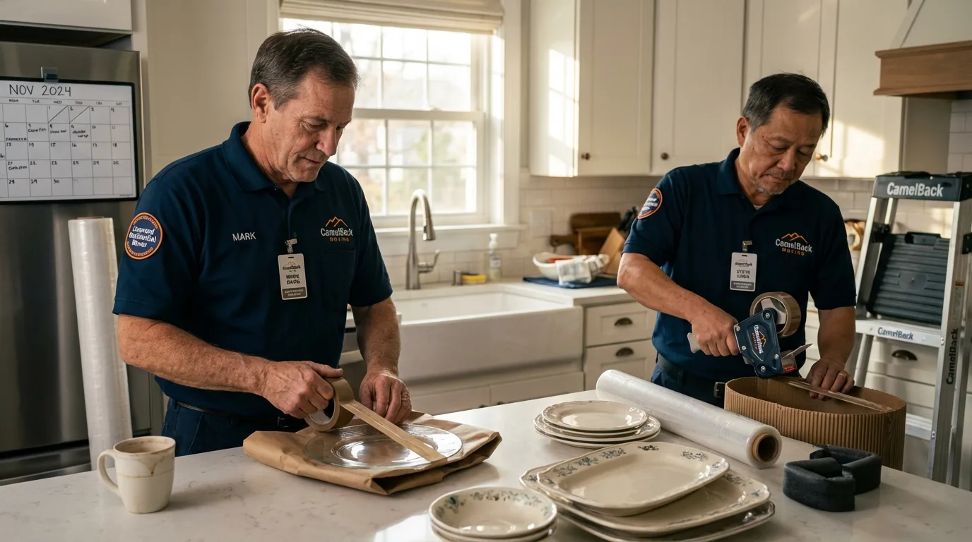 Professional crew packing kitchen dishware in Hot Springs National Park, AR